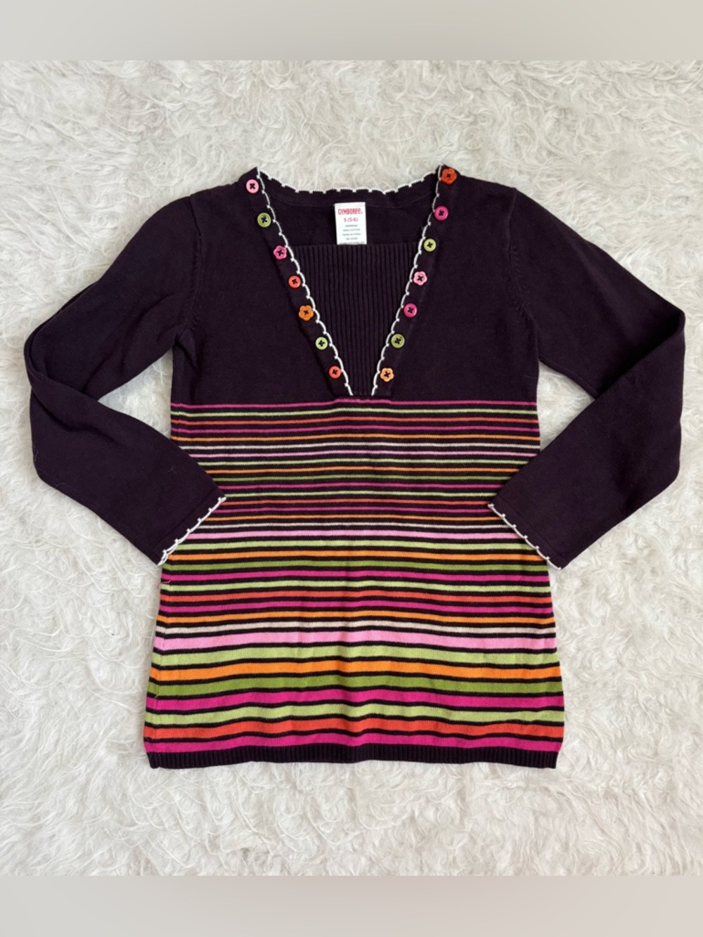 Gymboree Y2K Chocolate Brown Tunic Sweater with Colorful Flower Buttons